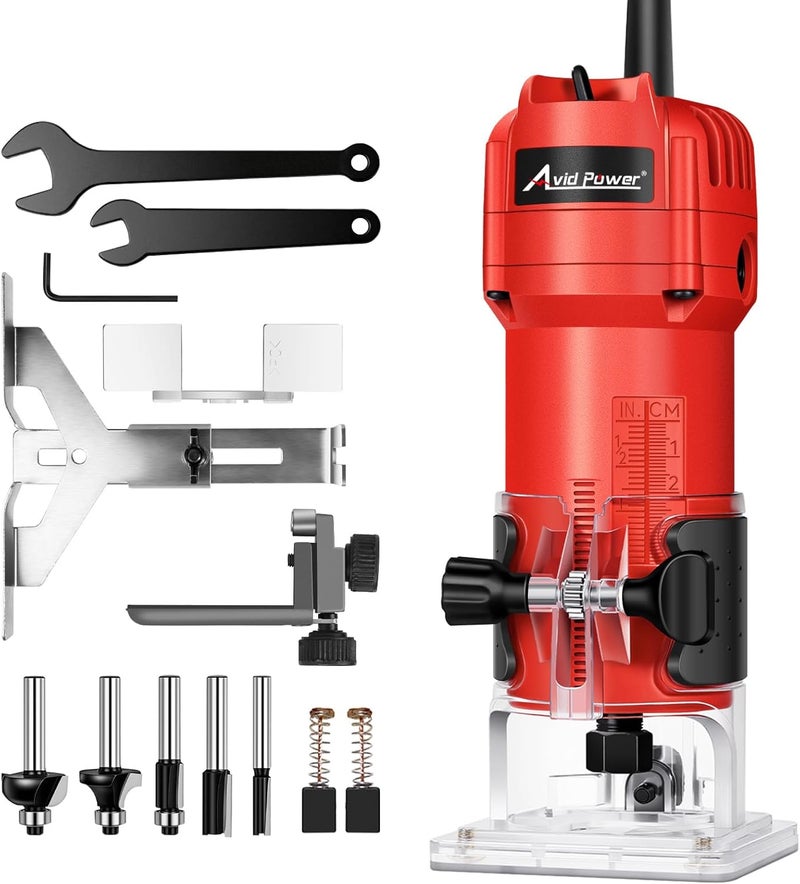 AVID POWER 630W 5.3 Amp Wood Router Tool with Fixed Base Compact Router for Woodworking, 35,000 RPM, 1/4” collet & 5 Trim Bits, Straight & Roller Guide, 2 Wrenches and Carbon Brushes - Image 1